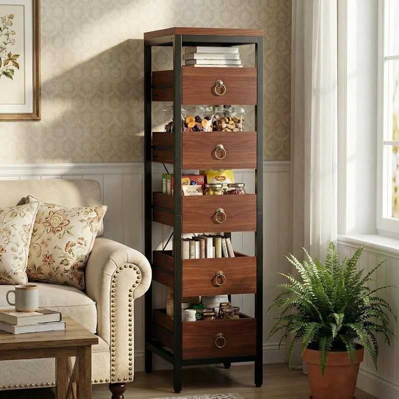 Five-Tier Narrow Kitchen Shelf Unit with Pull-Out Drawers - Multifunctional Metal Storage Rack, Space-Saving Snack Display Organizer for Dining Room, Living Room, Bedroom