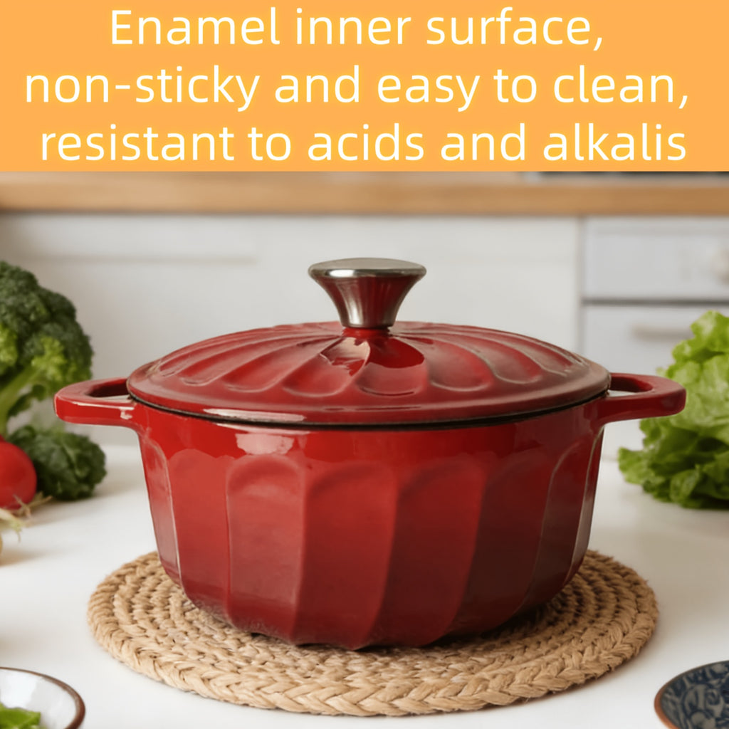 Red Enamel Cast Iron Pot, Three-dimensional Petal Pattern Lid, Suitable For Slow Cooking, Soup Making, And Steaming Dishes. Non-stick Inner Liner, Thick And Durable, Strong Heat Retention, Combining Practicality And Aesthetic Appeal.